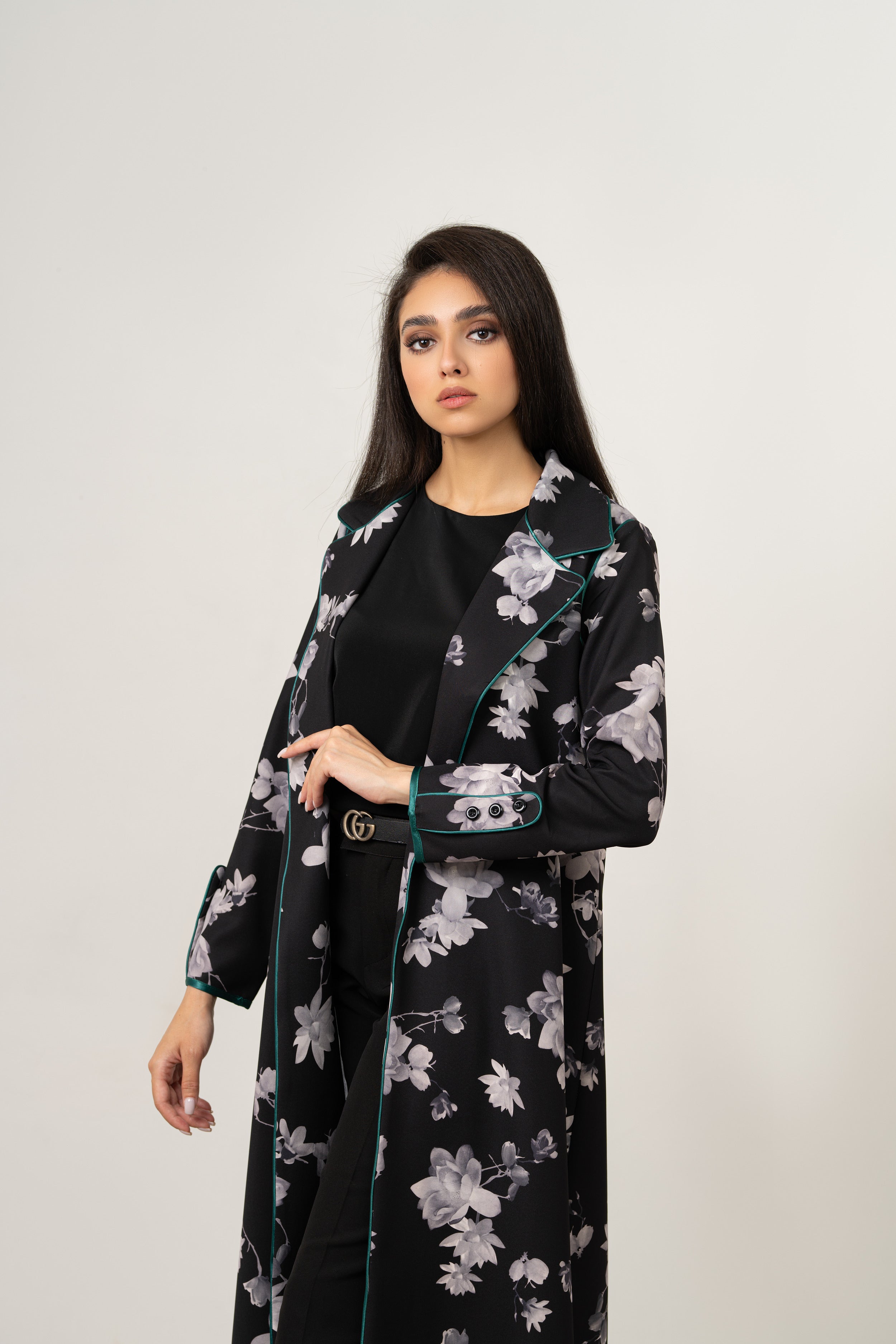 Long Monochrome Floral Abaya (Teal Trim)