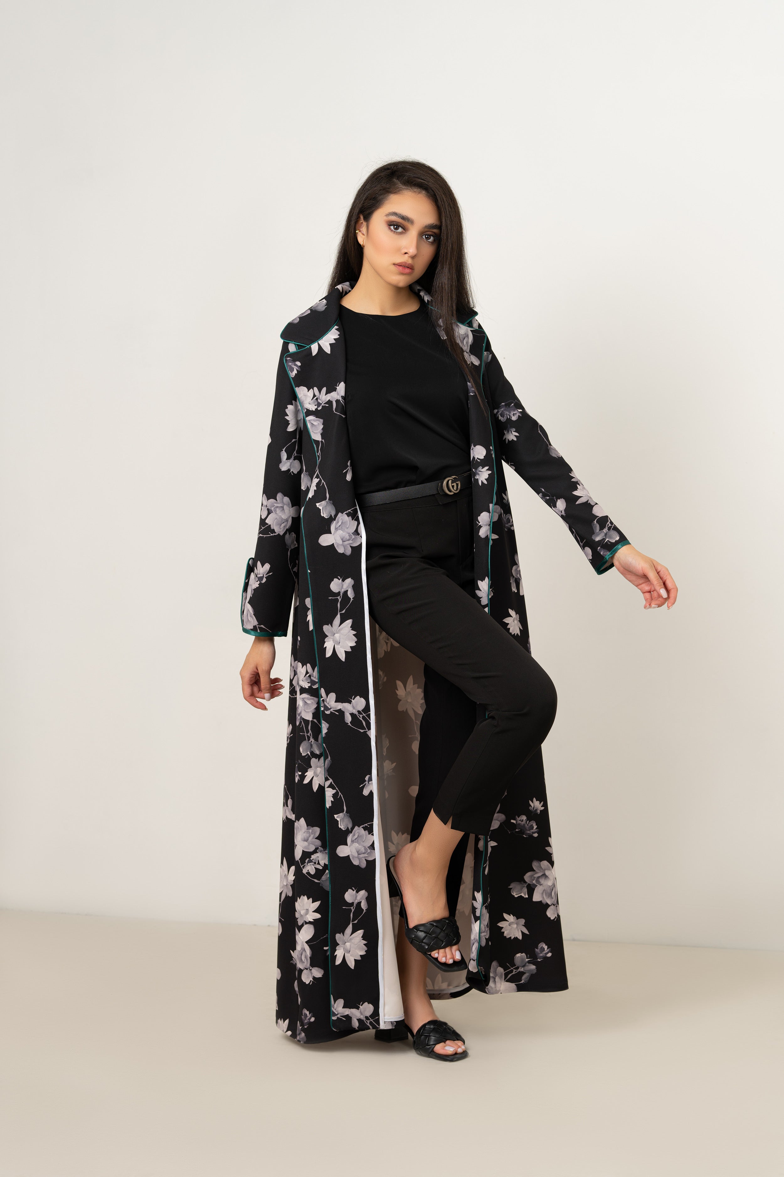 Long Monochrome Floral Abaya (Teal Trim)