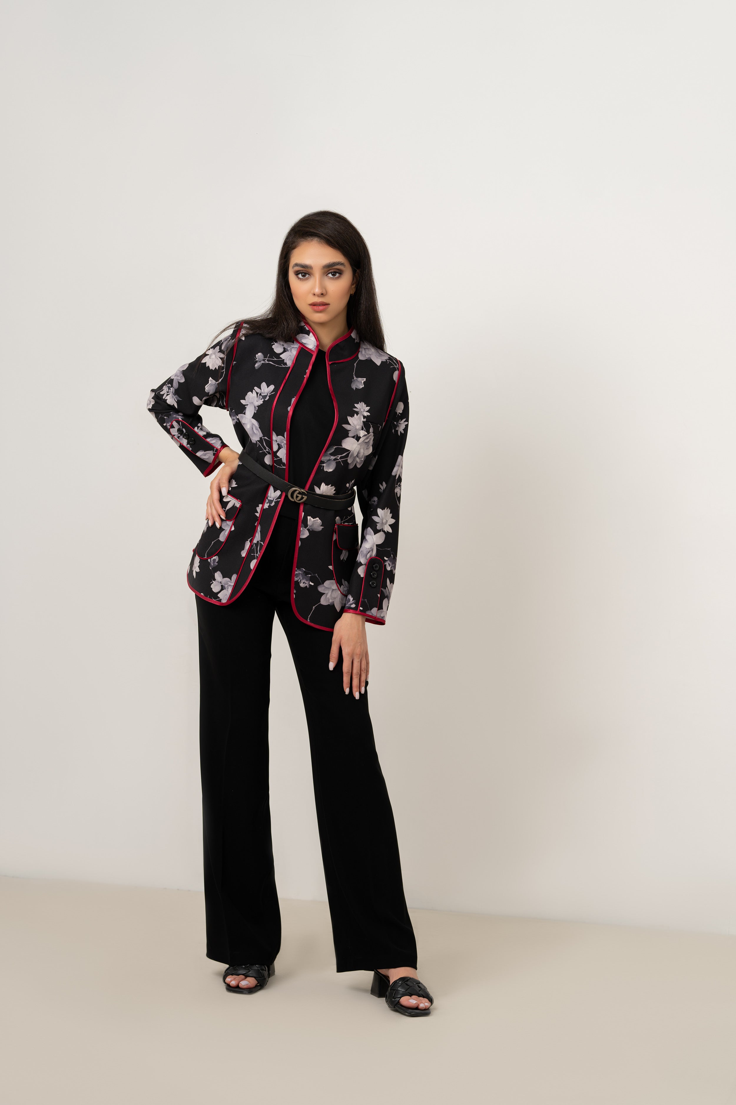Monochrome Floral Jacket (Red Trim)