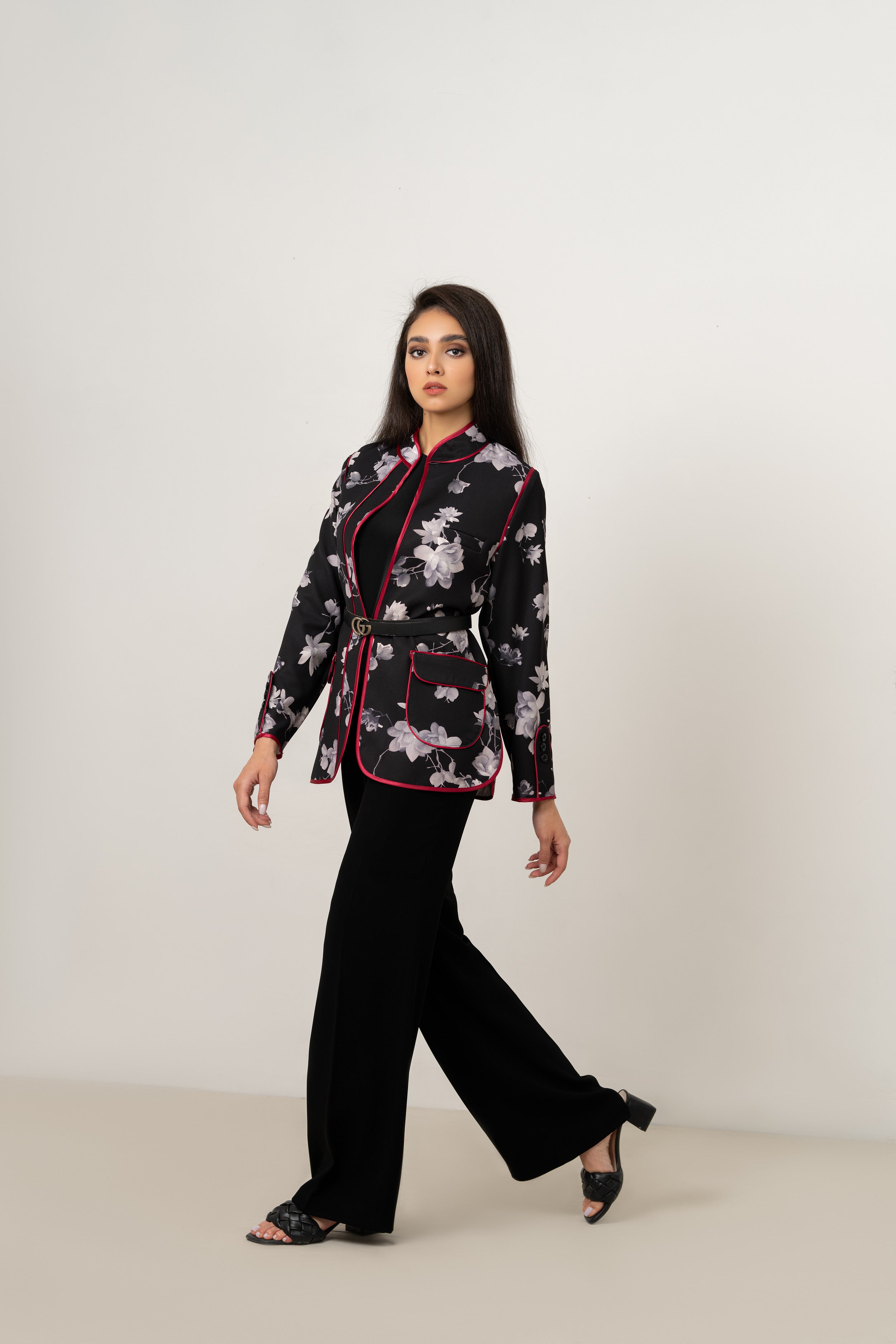 Monochrome Floral Jacket (Red Trim)