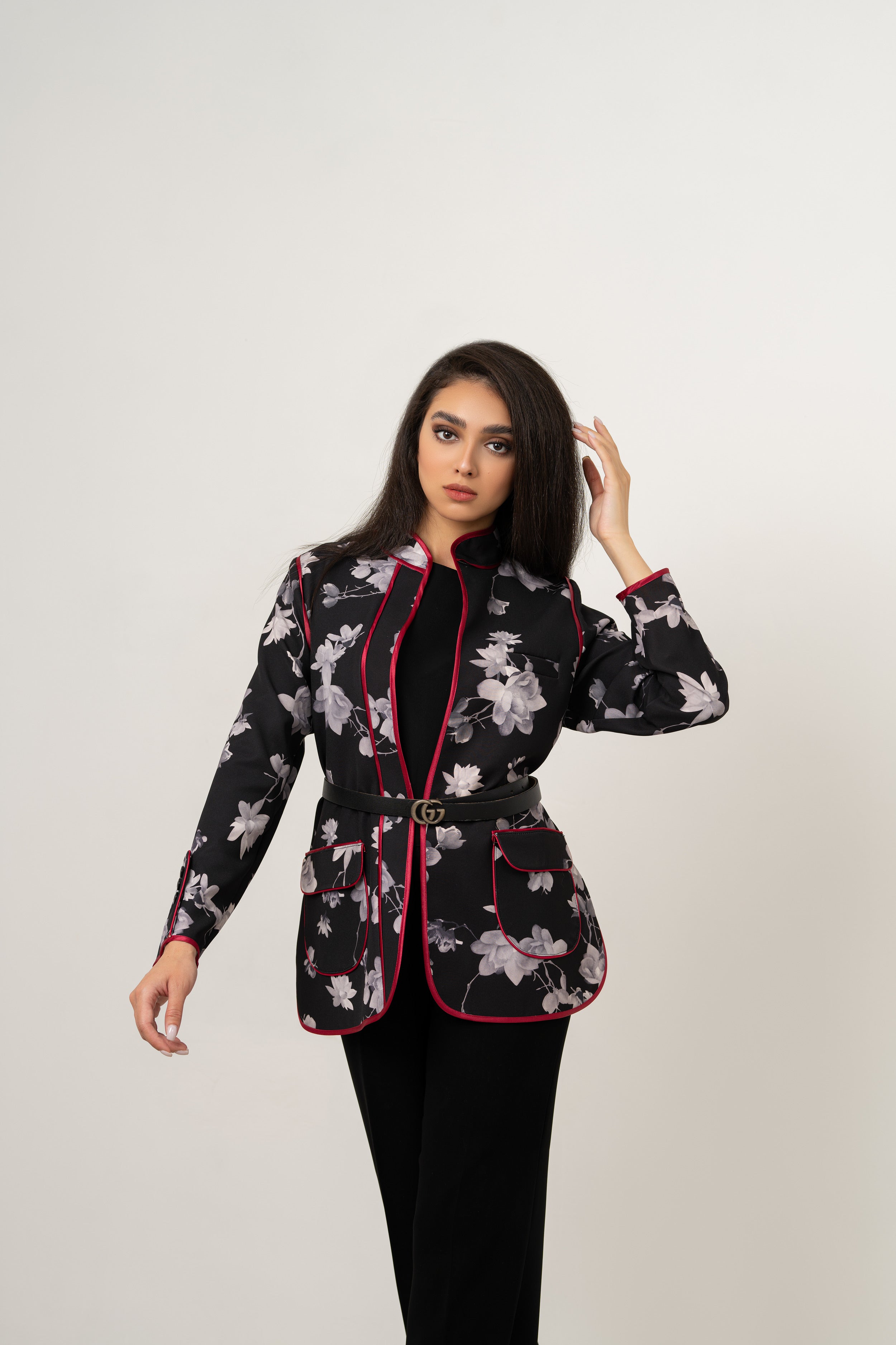 Monochrome Floral Jacket (Red Trim)