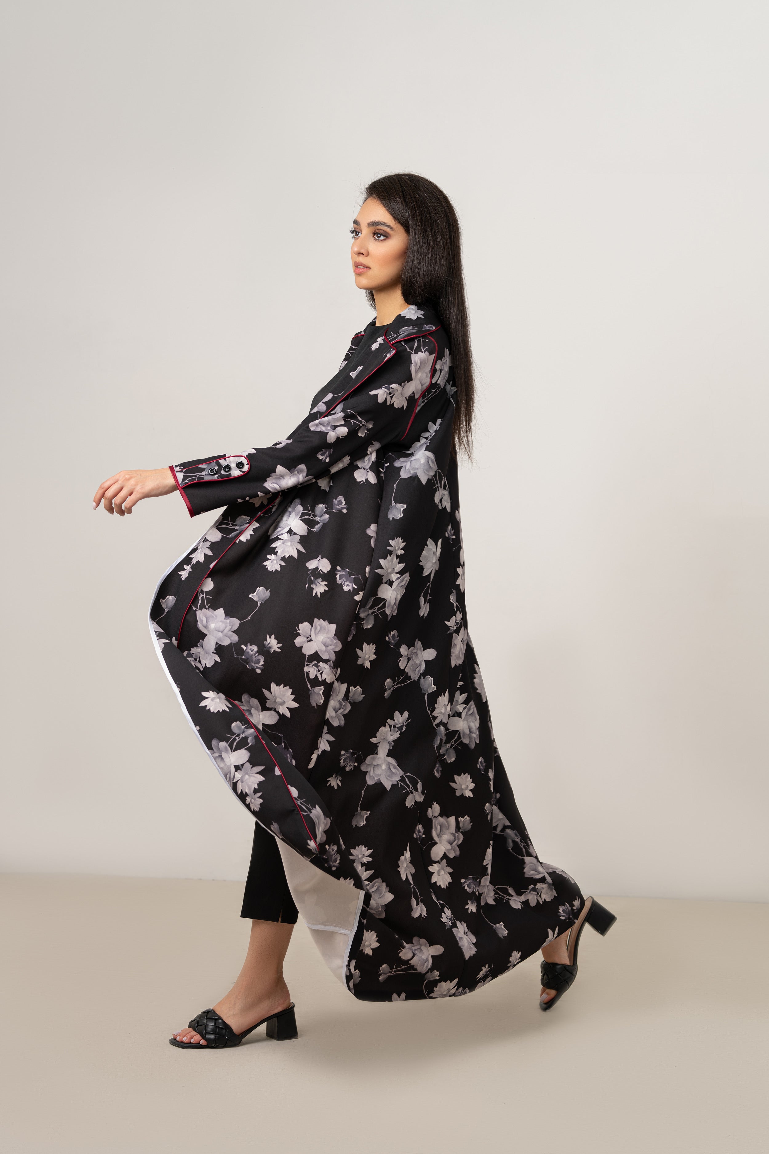 Long Monochrome Floral Abaya (Red Trim)