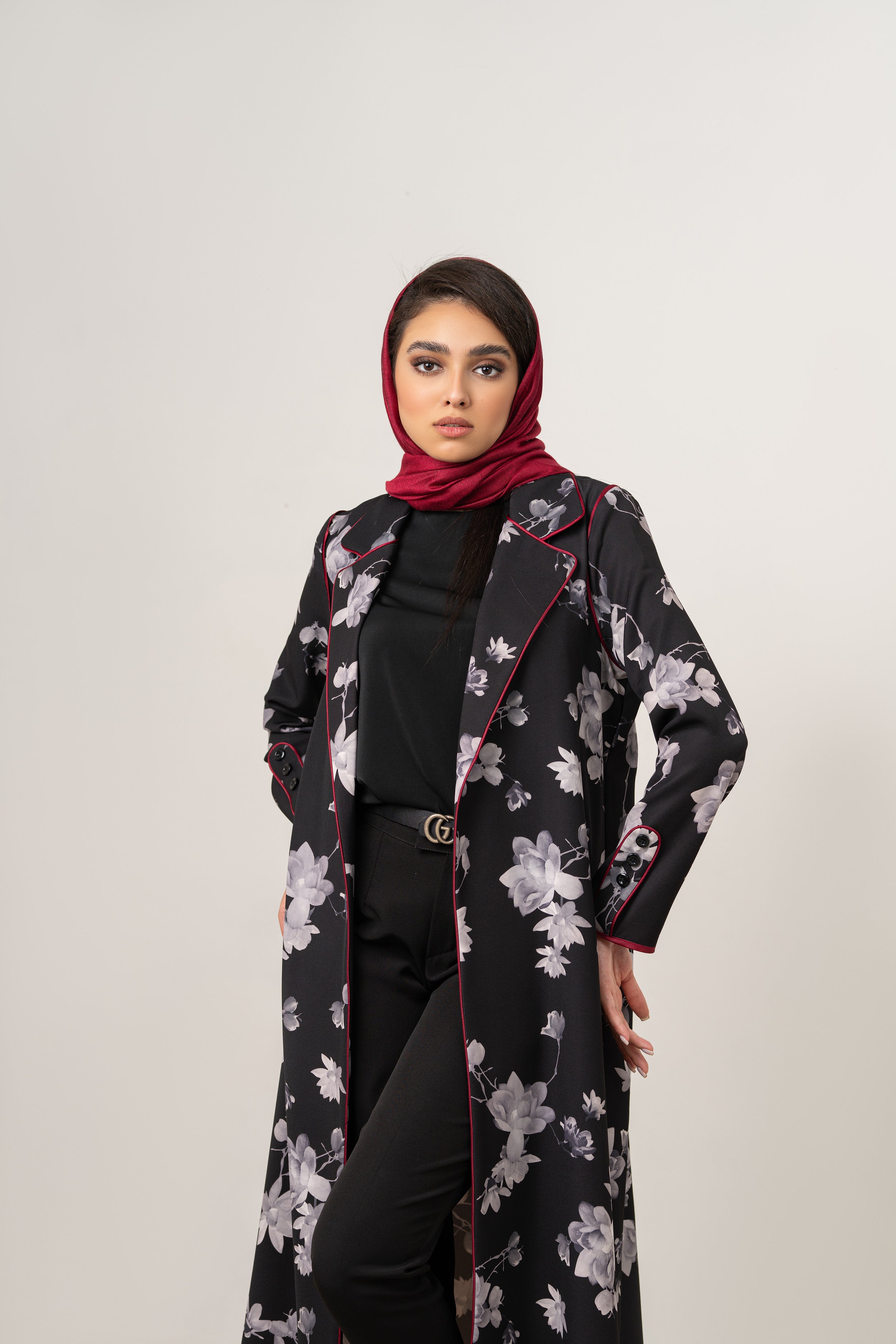 Long Monochrome Floral Abaya (Red Trim)
