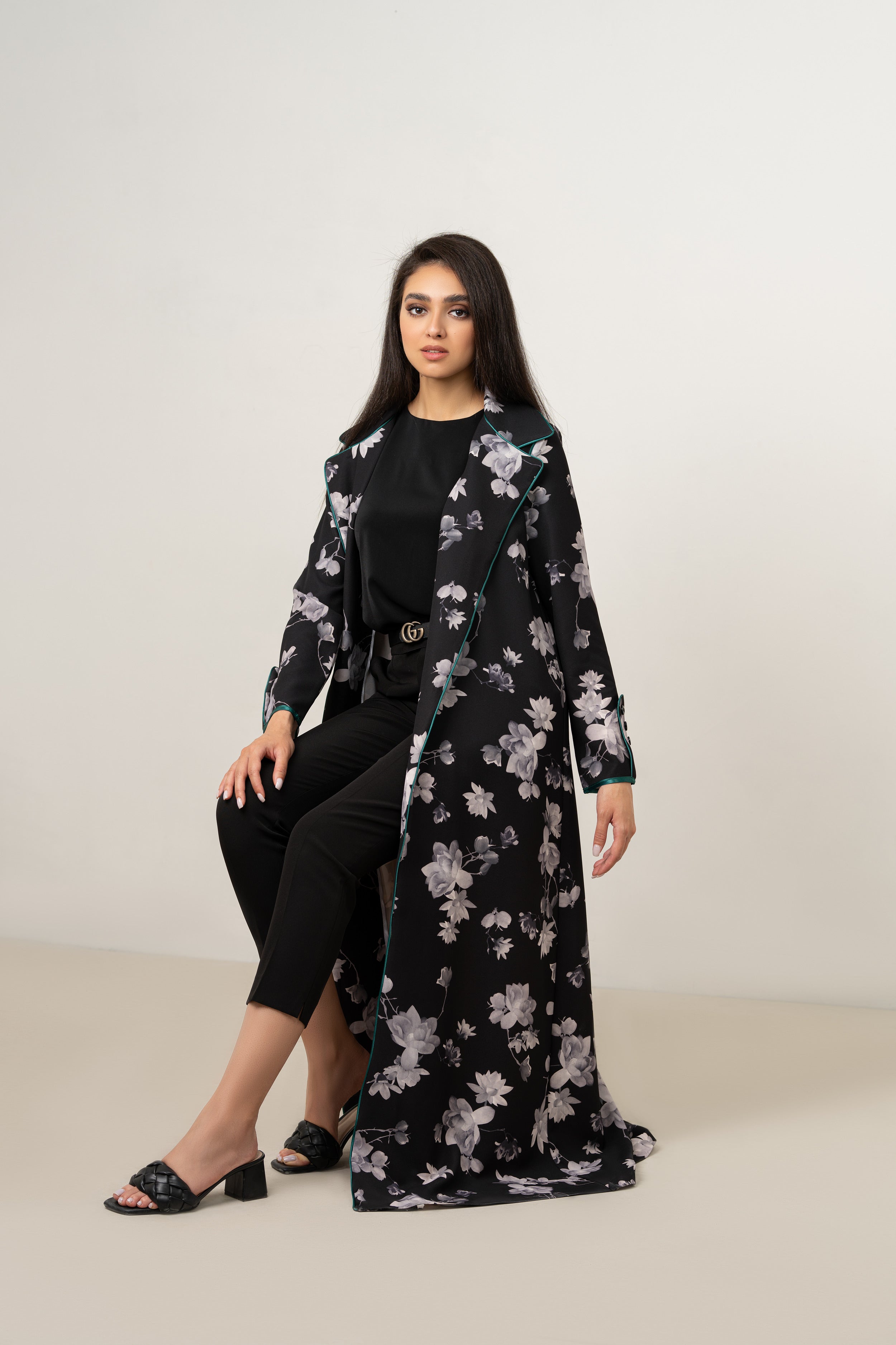 Long Monochrome Floral Abaya (Teal Trim)
