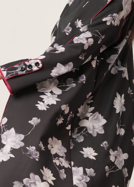 Long Monochrome Floral Abaya (Red Trim)