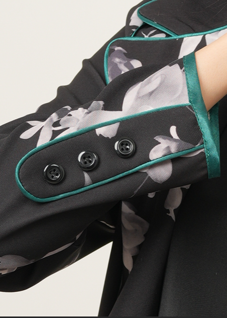 Long Monochrome Floral Abaya (Teal Trim)
